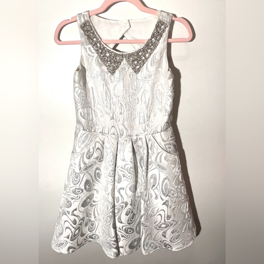 Stunning Zoe LTD party dress with hand sewn rhinestone collar. Silver. Size 14